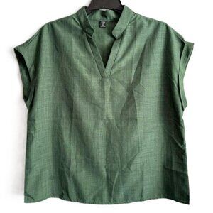 Shein Curve Tunic Blouse Mandarin Collar Top Short Roll Tab Cuffed Sleeve 1X Wms